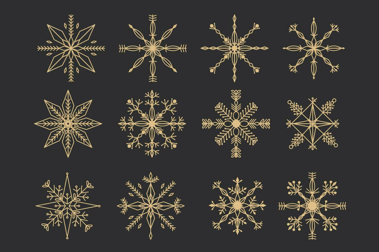 uppsättning gyllene snöflinga kristall elegant linje jul dekoration på mörk bakgrund, samling vinter- prydnad frysta element. vektor illustration