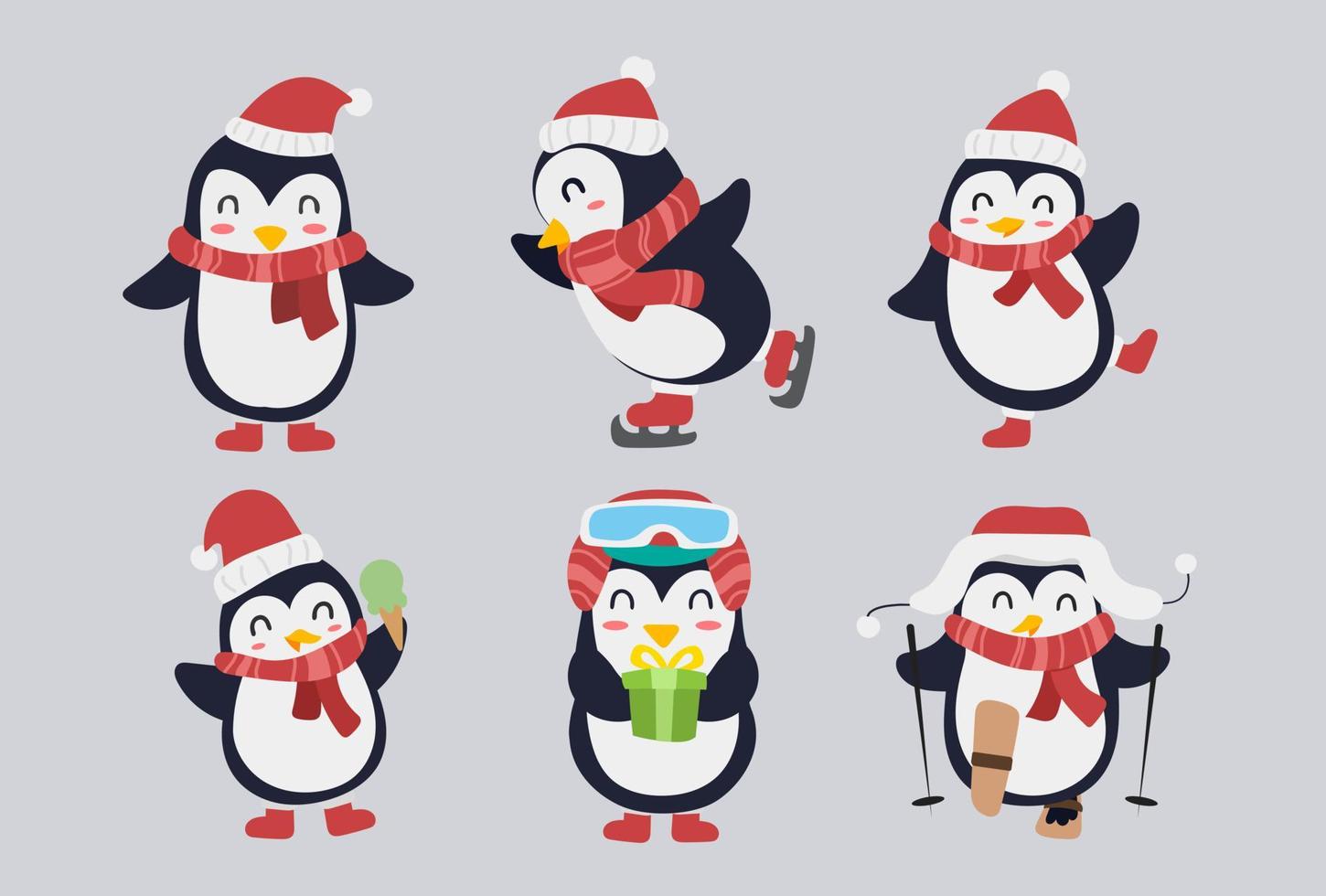 Set von niedlichem Pinguin-Charakter-Design. fröhliche und lustige Vogelkarikatur für Weihnachten mit Geschenk, Skate und dekorativen Elementen. Wintertier-Vektorillustration vektor