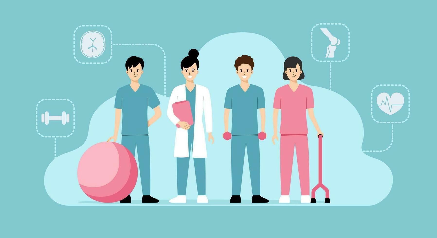 rehabiliteringar team i sjukvård industri. pm och r läkare, sjukgymnaster, sjuksköterska, fysioterapeut assistent. karaktär platt design. vektor illustration