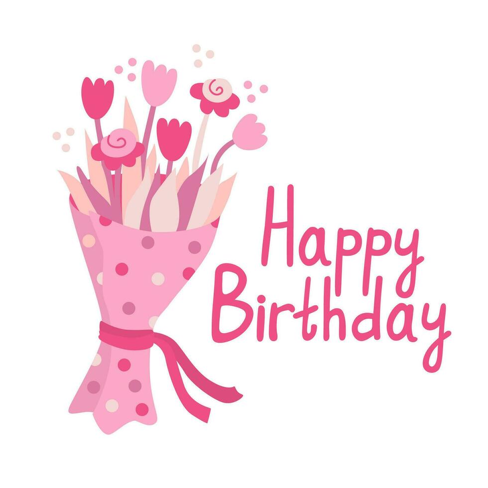 Lycklig födelsedag hälsning kort med bukett av blommor. hand dragen platt vektor illustration och text i rosa Färg.