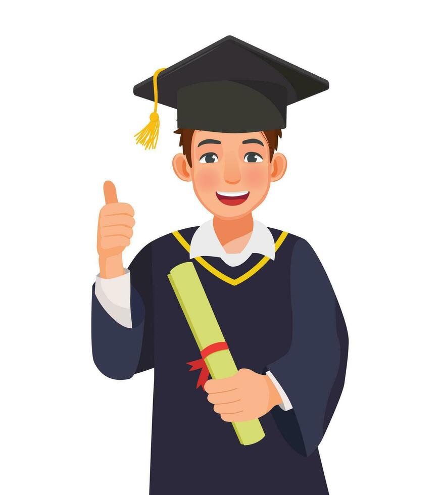 glücklich jung Absolvent Mann im Abschluss Kleid und Hut halten Diplom und Zertifikat zeigen Daumen oben vektor
