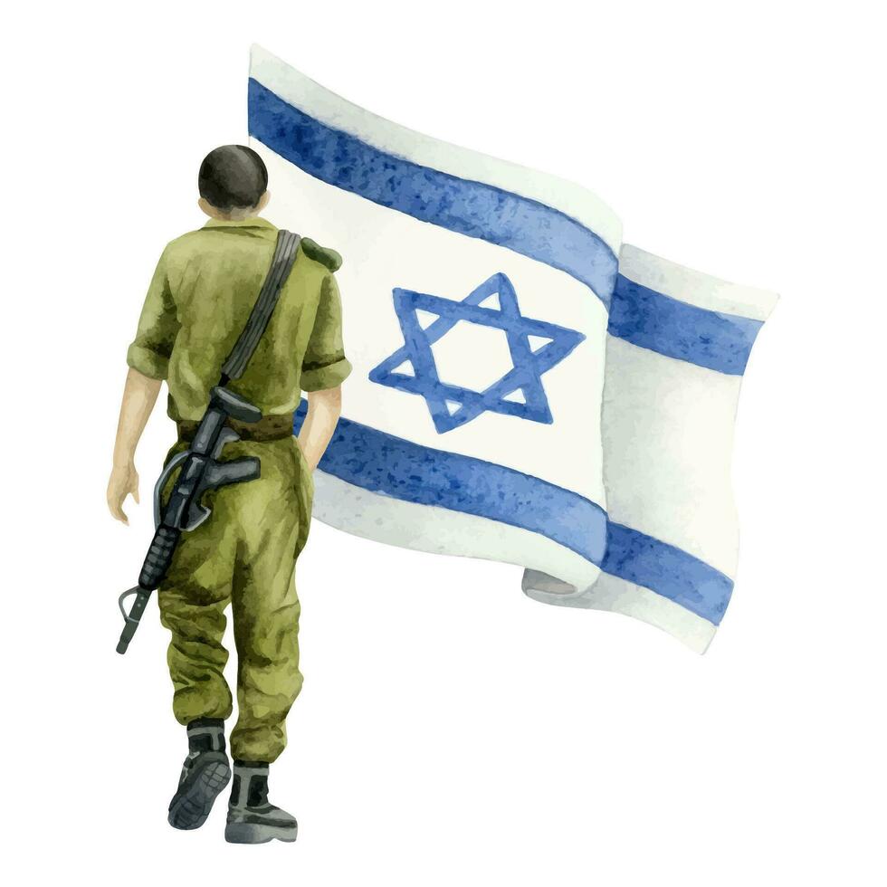Israel idf Soldat mit Flagge Aquarell Illustration isoliert auf Weiß. jüdisch Denkmal Tag, yom hasikaron und Haschaah vektor