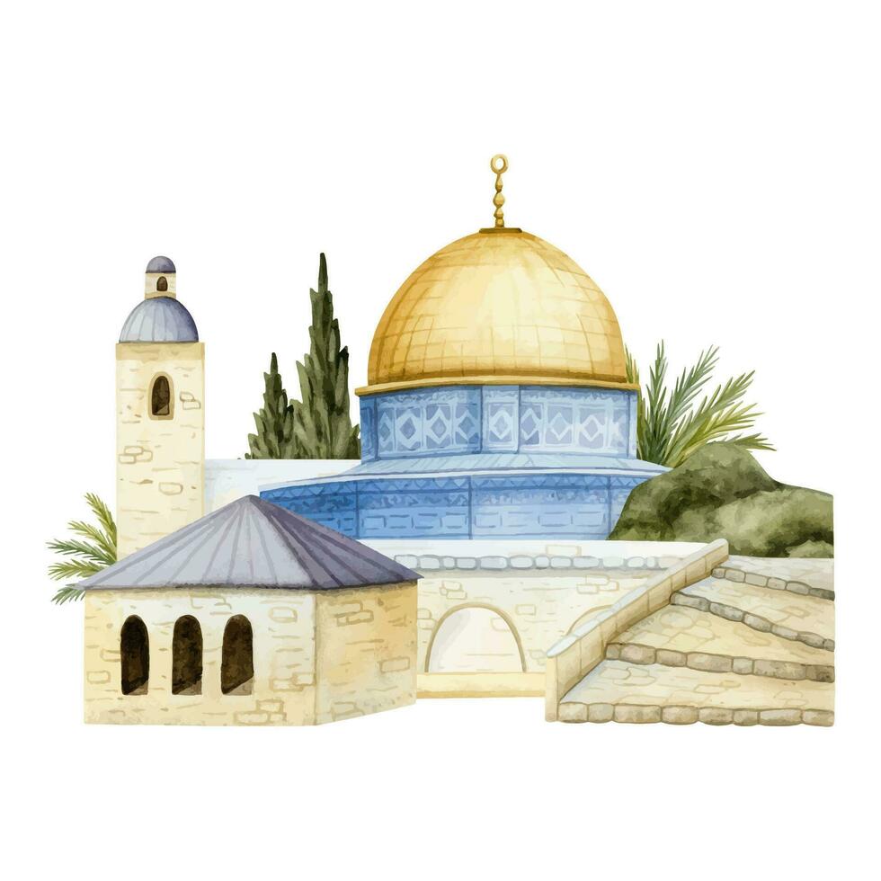 alt Stadt, Dorf von jerusalem Stadtbild mit Kuppel von das Felsen mit Bäume Aquarell Vektor Illustration. Tempel montieren im Israel