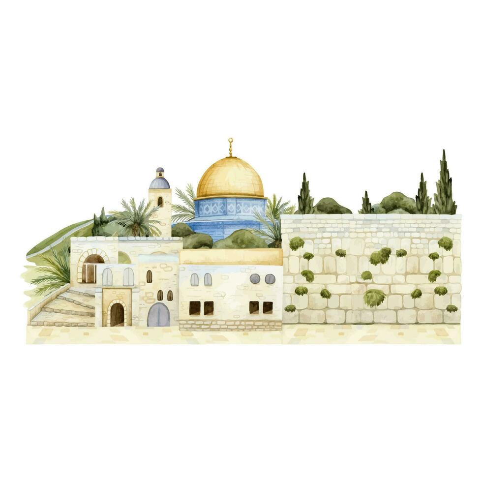 Western Mauer und Kuppel von das Felsen im alt Stadt, Dorf von jerusalem Aquarell Illustration. Stadtbild von Israel Hauptstadt Stadt vektor