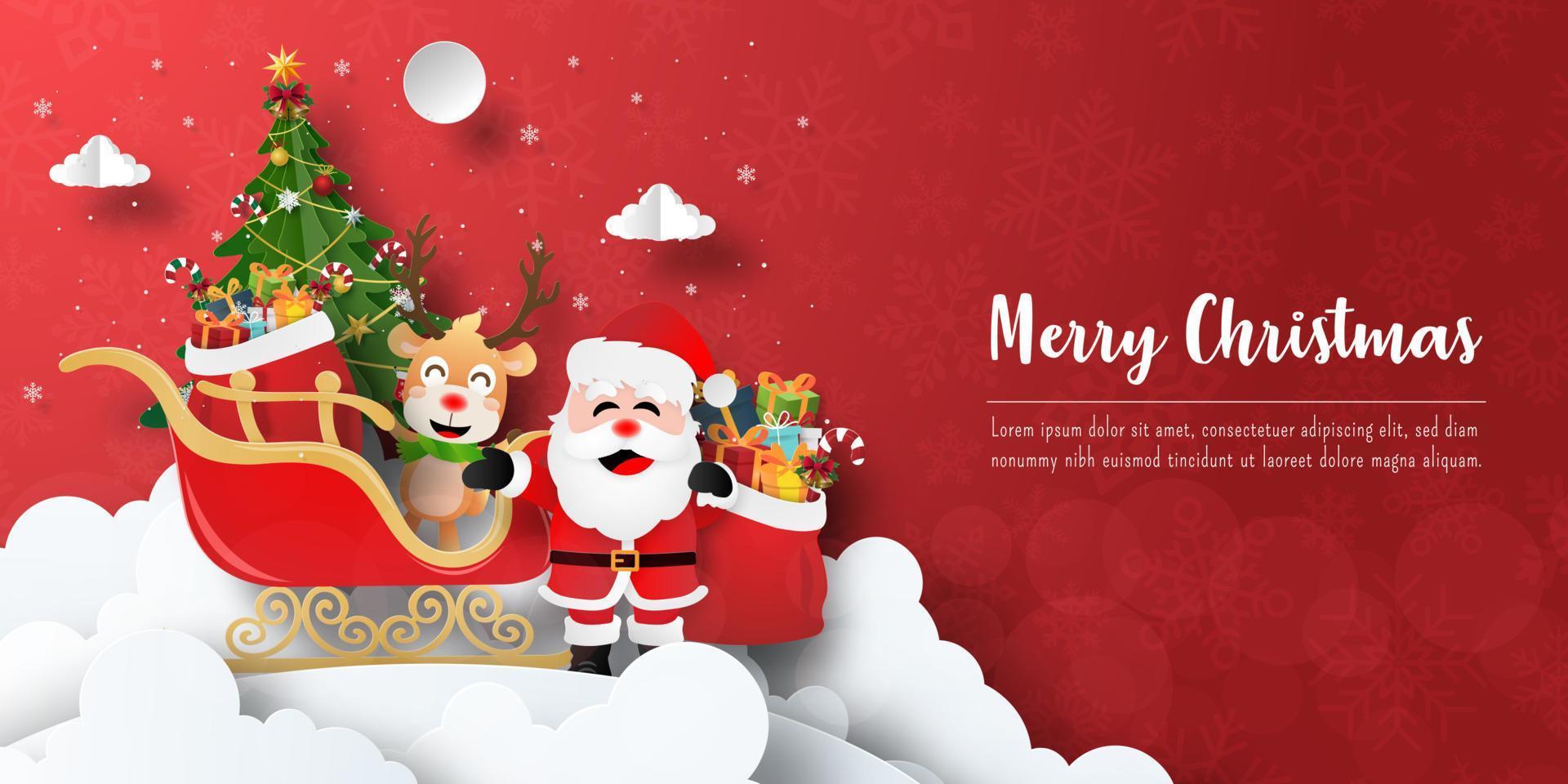 Frohe Weihnachten und ein glückliches neues Jahr, Weihnachtsbanner-Postkarte von Santa Claus und Rentieren mit Schlitten voller Geschenke vektor