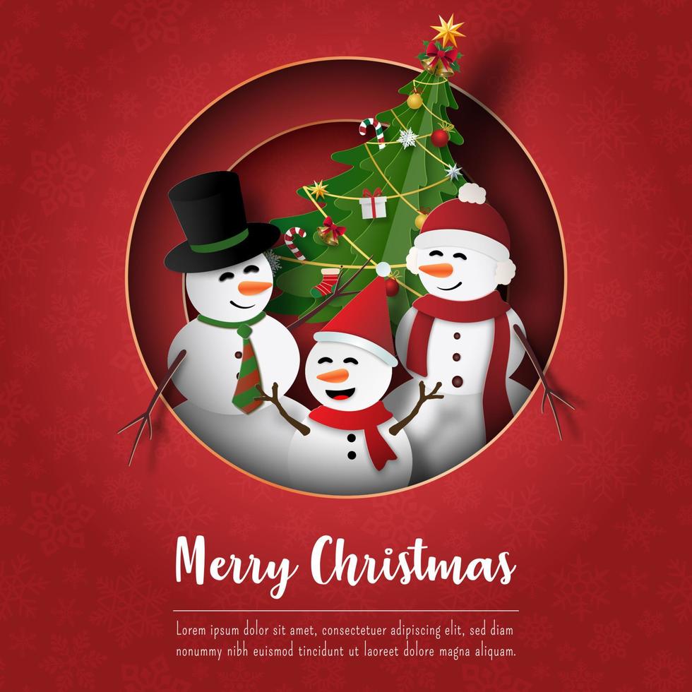 Frohe Weihnachten und ein glückliches neues Jahr, Postkarte von Schneemann mit Weihnachtsbaum, Papiereinband vektor