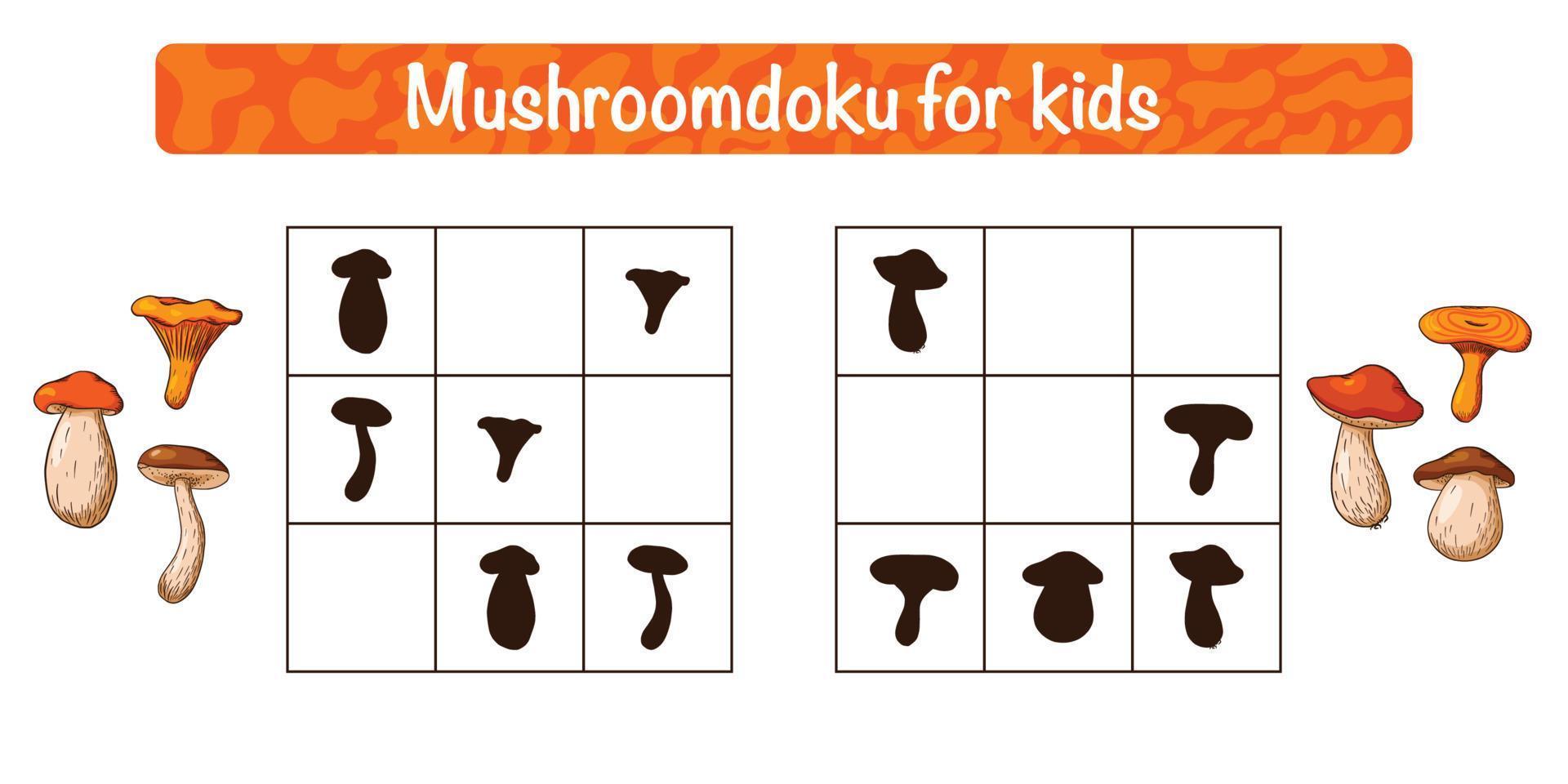 Pilzdoku Lernspiel für Kinder. Sudoku mit essbaren Pilzen Aktivität für Kinder vektor