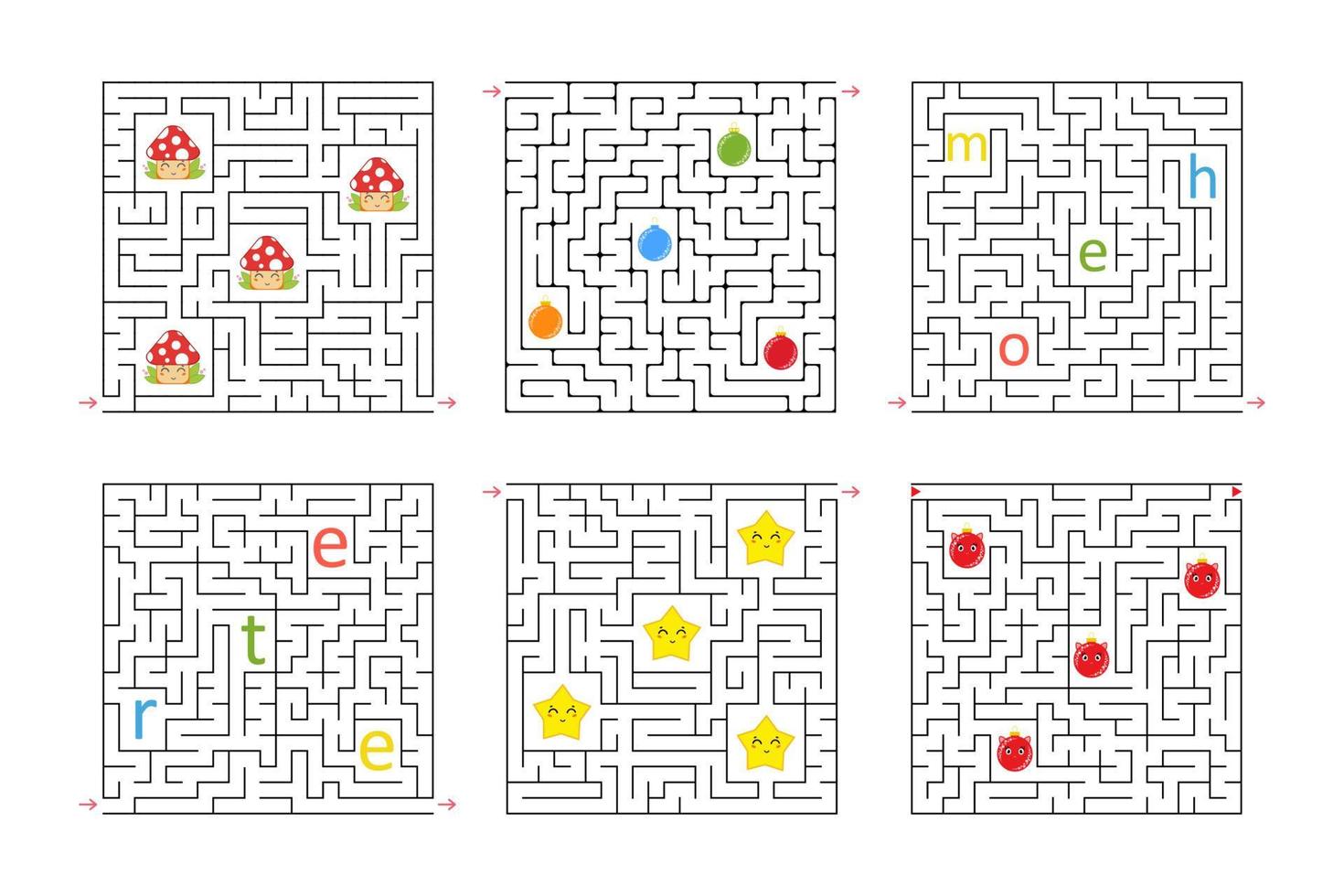 en uppsättning fyrkantiga labyrinter. spel för barn. pussel för barn. en ingång, en utgång. labyrint gåta. platt vektor illustration isolerad på vit bakgrund. med seriefigurer.