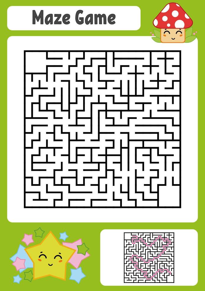 abstraktes quadratisches Labyrinth. Arbeitsblätter für Kinder. Spielpuzzle für Kinder. süßer Stern und Pilz. ein Eingang, ein Ausgang. Labyrinth Rätsel. Vektor-Illustration. mit Antwort. vektor