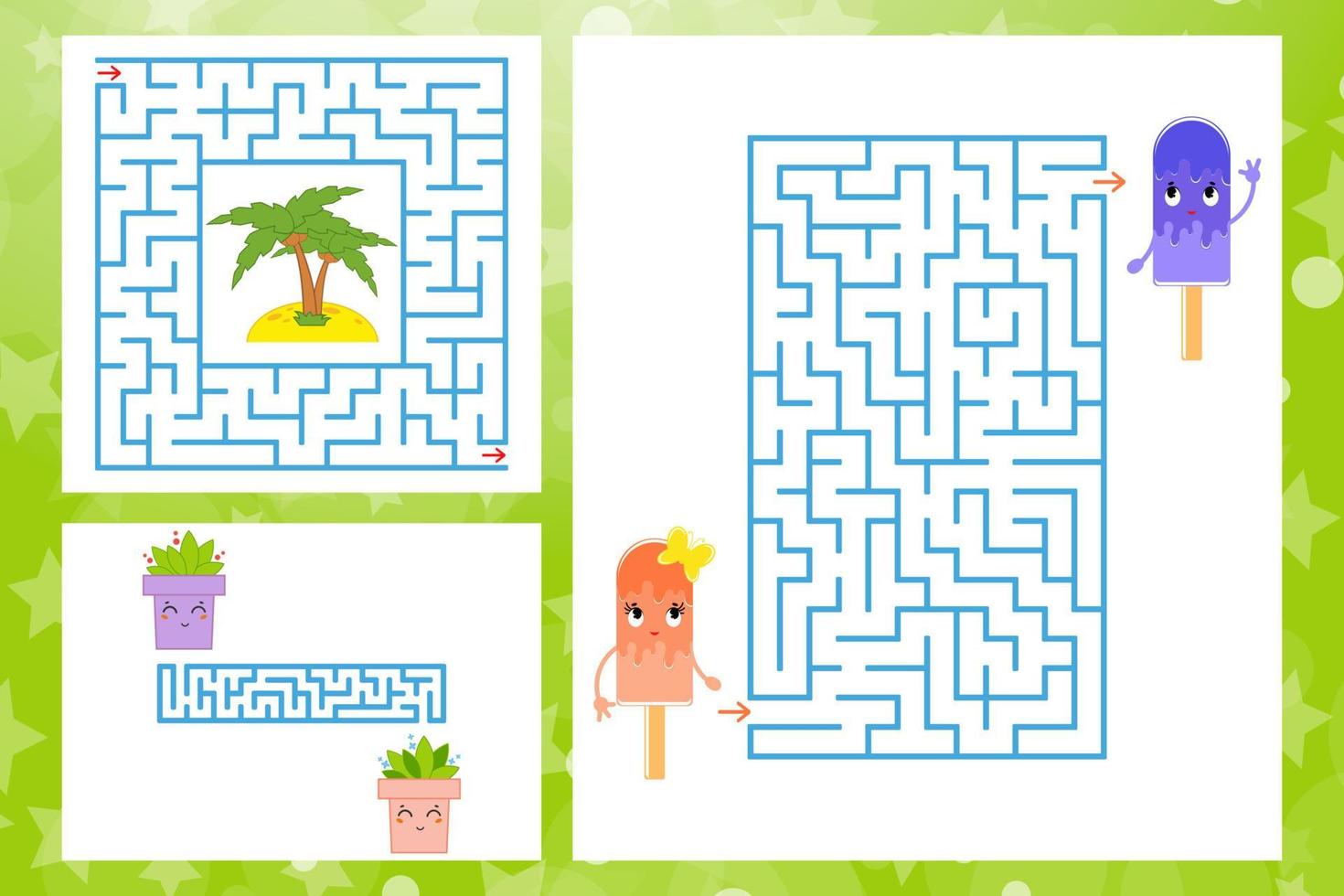 Reihe von rechteckigen und quadratischen Labyrinthen mit Zeichen. Spiel für Kinder. Puzzle für Kinder. ein Eingang, ein Ausgang. Labyrinth Rätsel. flache Vektorillustration lokalisiert auf weißem Hintergrund. vektor
