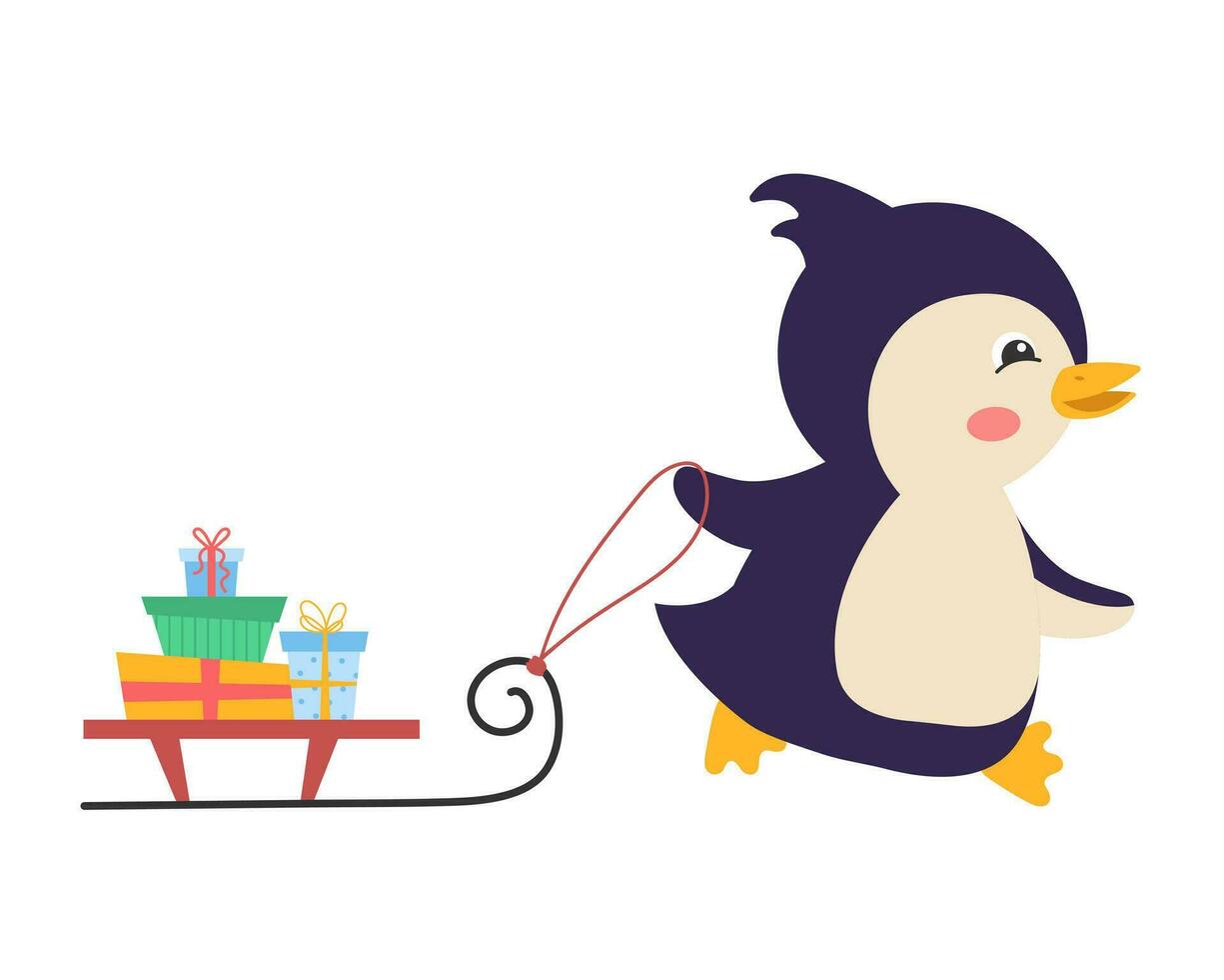 ein süß Karikatur Pinguin ist Tragen Geschenke auf ein Schlitten