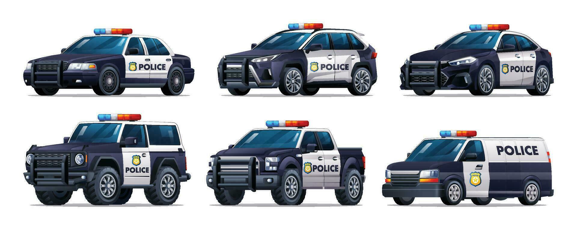 einstellen von Polizei Autos im anders Typen. patrouillieren offiziell Fahrzeug, Limousine, Geländewagen, abholen, Lieferwagen. Vektor Illustration