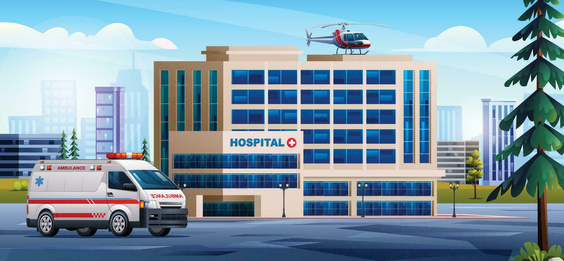 Krankenhaus Gebäude mit Krankenwagen Auto und medizinisch Hubschrauber. medizinisch Klinik Design Hintergrund Landschaft Illustration vektor