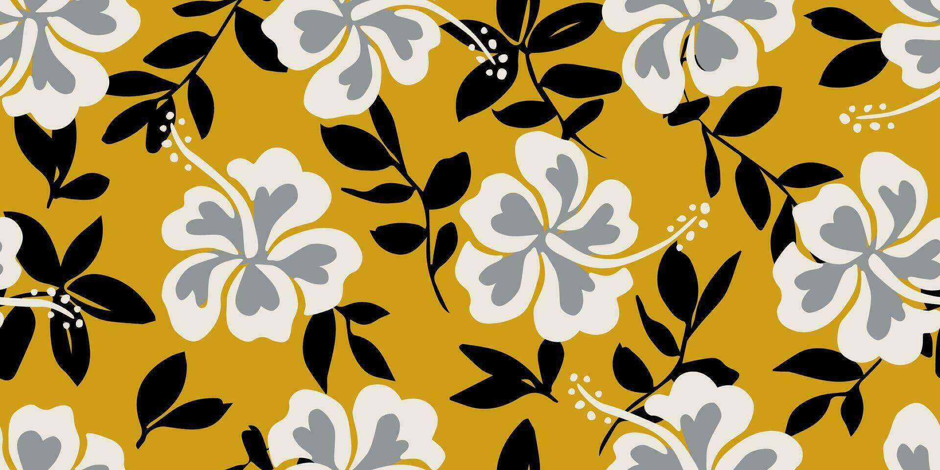 tropisch Blume Muster nahtlos, Silhouette von Hibiskus Blumen, Hand gezeichnet botanisch, Blumen- Blatt zum Frühling und Sommer- Zeit, natürlich Ornamente zum Textil, Stoff, Hintergrund, Hintergrund Design. vektor