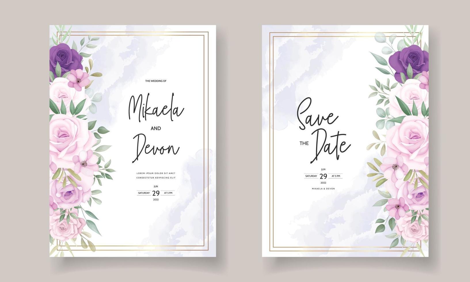 vackra bröllopsinbjudan med vackra blomsterprydnader vektor