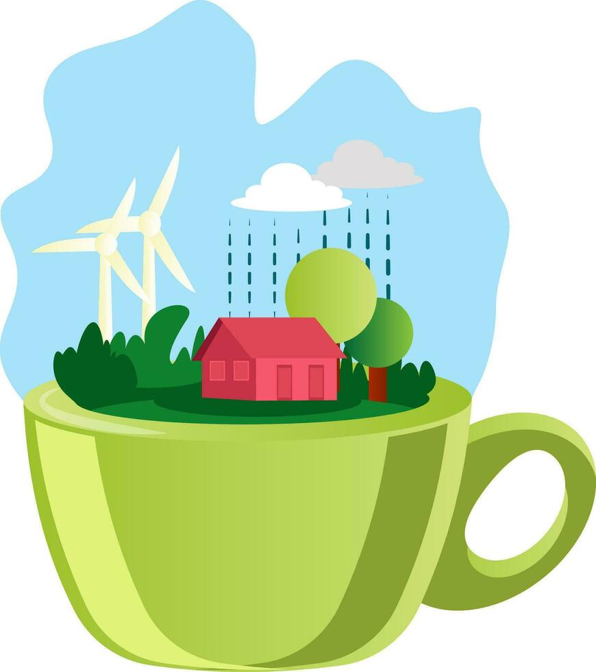 Illustration von ein Grün Tasse und Natur auf oben Illustration Vektor auf Weiß Hintergrund