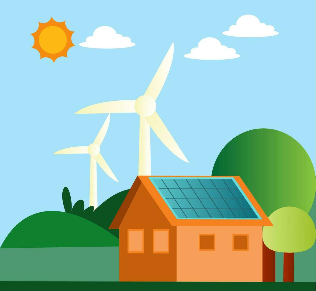 Illustration von Windmühle und Solar- Paneele auf ein Haus Illustration Vektor auf Weiß Hintergrund