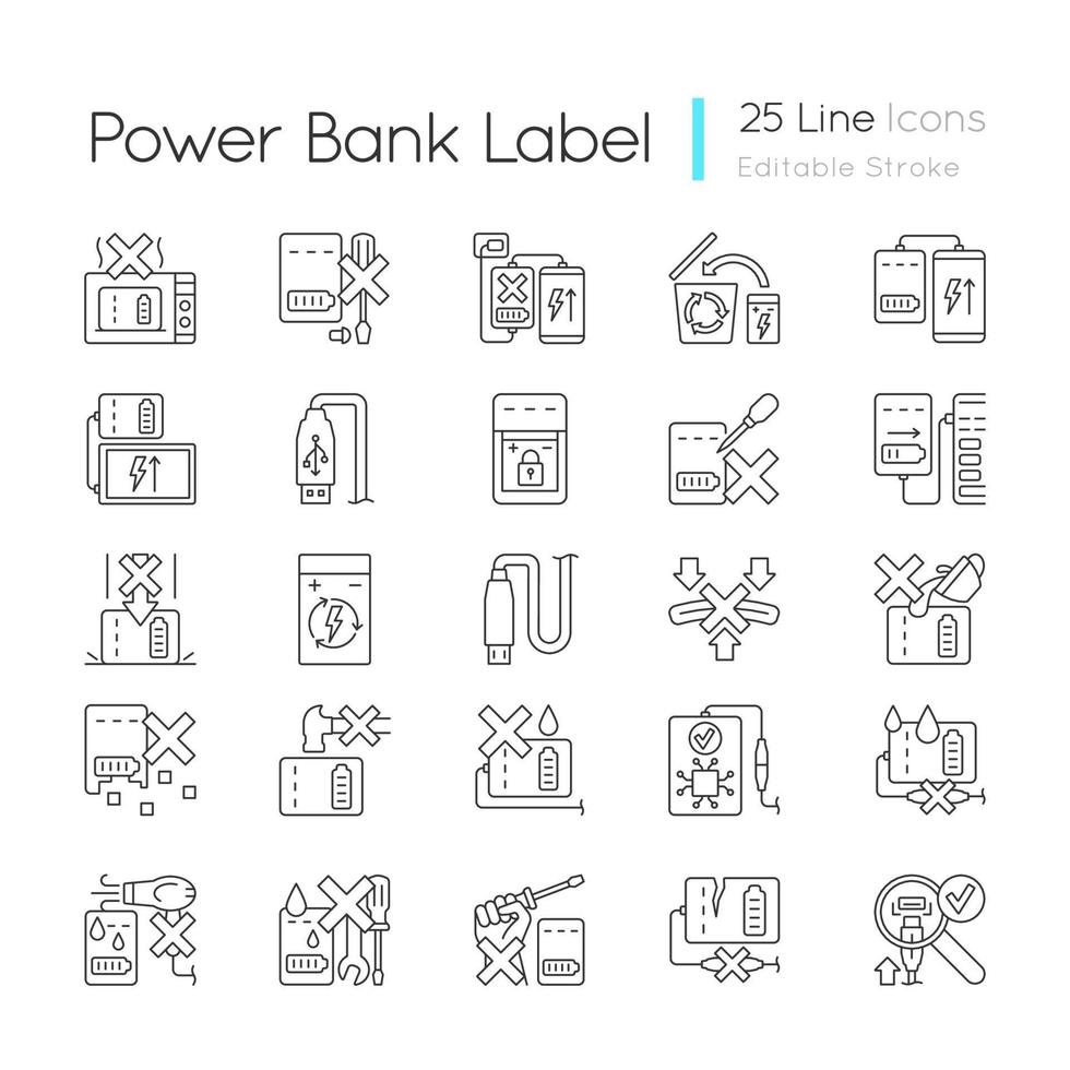 Powerbank-Nutzung lineare manuelle Etikettensymbole eingestellt vektor