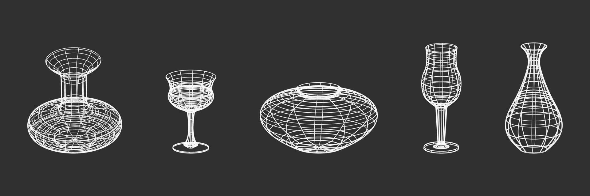 uppsättning av flöjter, glasögon och vaser tillverkad av tråd ram former. i vit Färg på mörk bakgrund linjär retro design element. 3d. y2k . vektor illustration för social media eller affischer. vektor