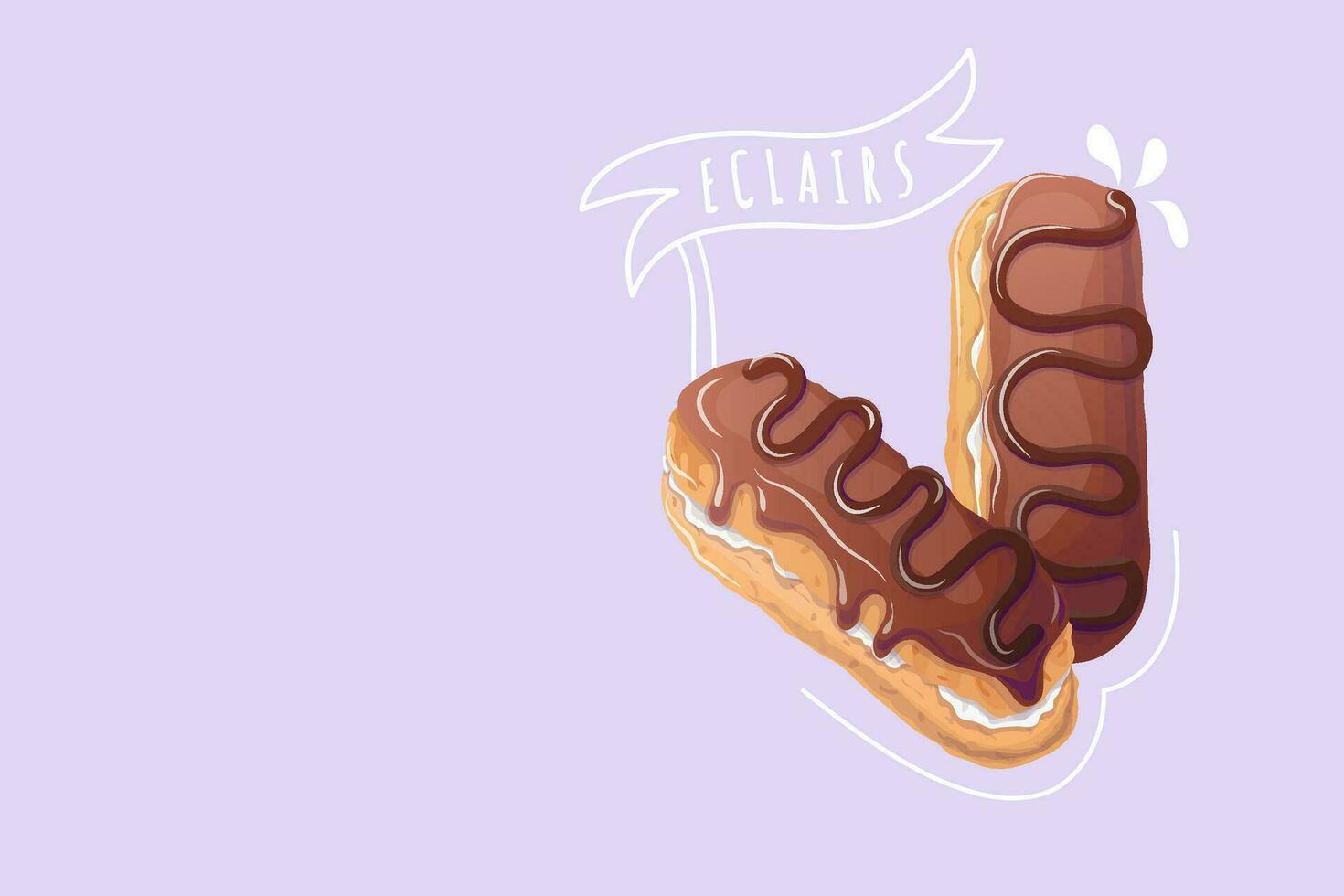 eclairs i tecknad serie stil på lila bakgrund. klotter. vektor illustration för affisch, baner, hemsida, annons. vektor illustration med färgrik ljuv efterrätt.