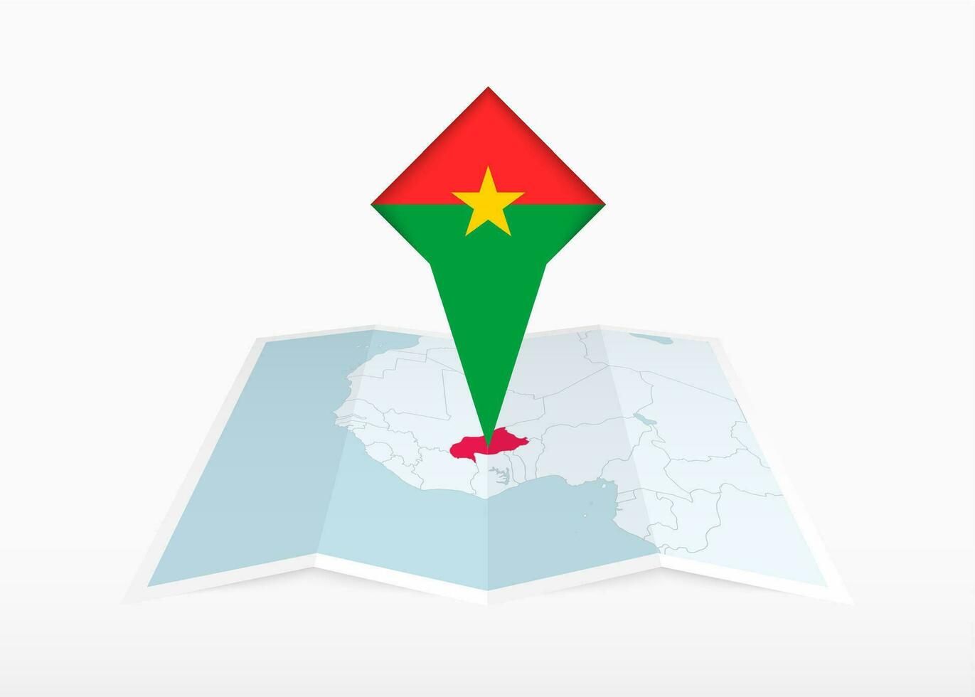 Burkina faso är avbildad på en vikta papper Karta och fästs plats markör med flagga av Burkina faso. vektor