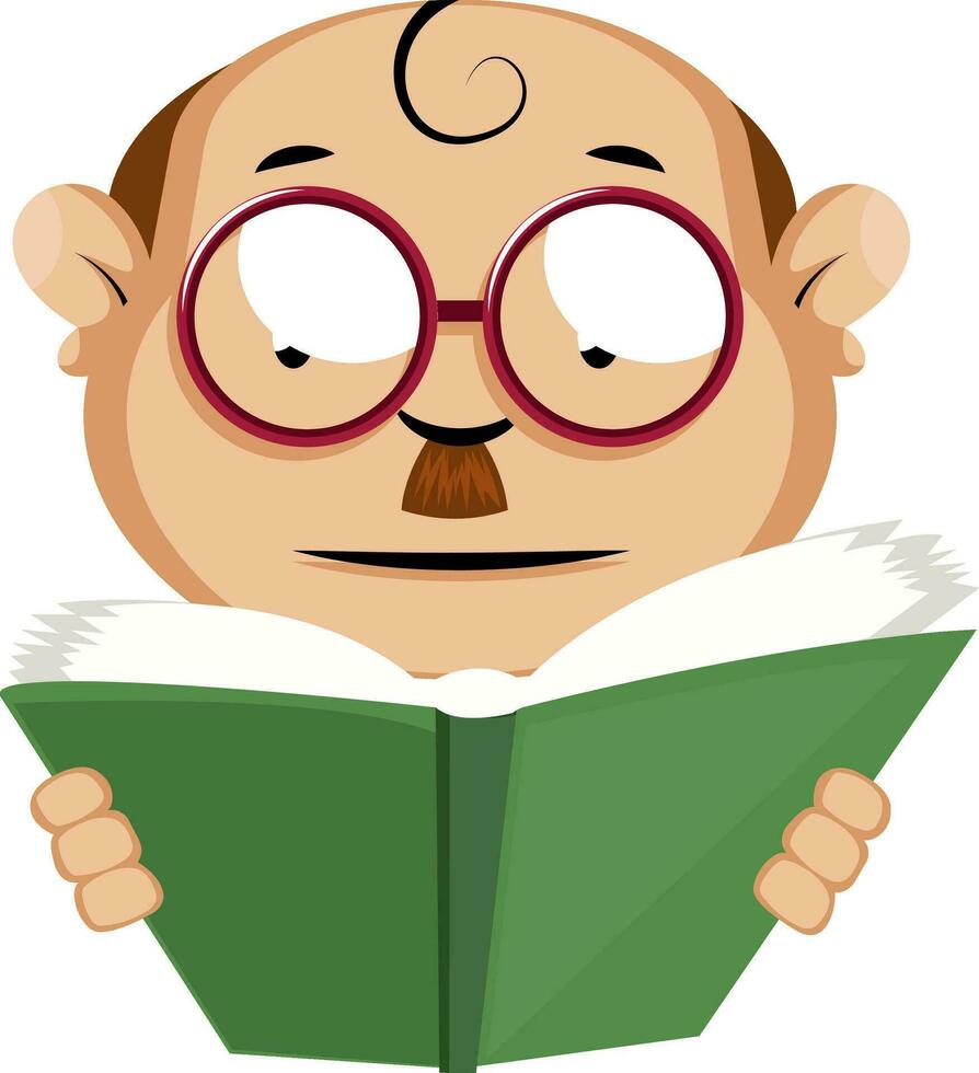 rolig mänsklig emoji läsning en grön bok, illustration, vektor på vit bakgrund.