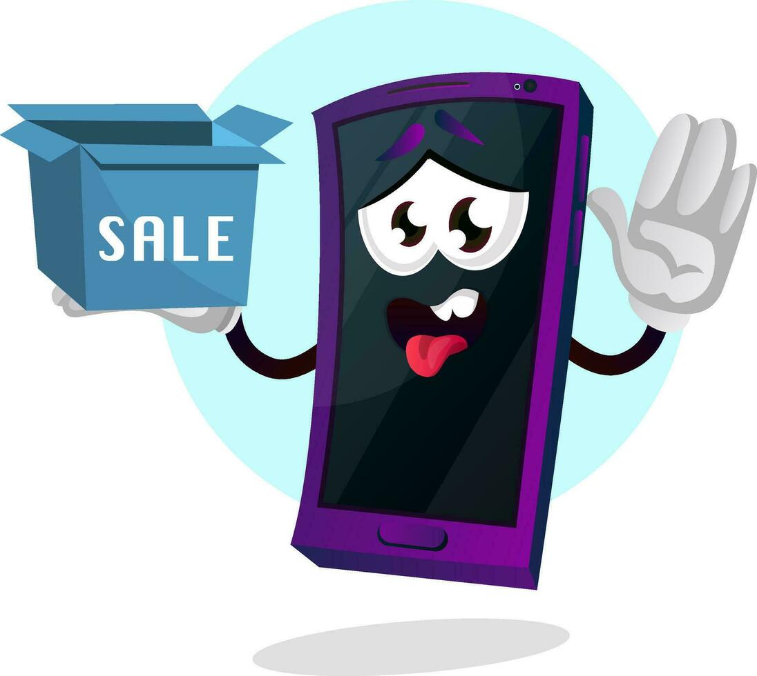 Handy, Mobiltelefon Emoji mit ein Verkauf Zeichen Illustration Vektor auf Weiß Hintergrund