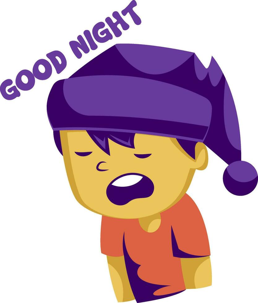 schläfrig Gelb Junge mit lila Schlafen Hut Sprichwort gut Nacht Vektor Illustration auf ein Weiß Hintergrund