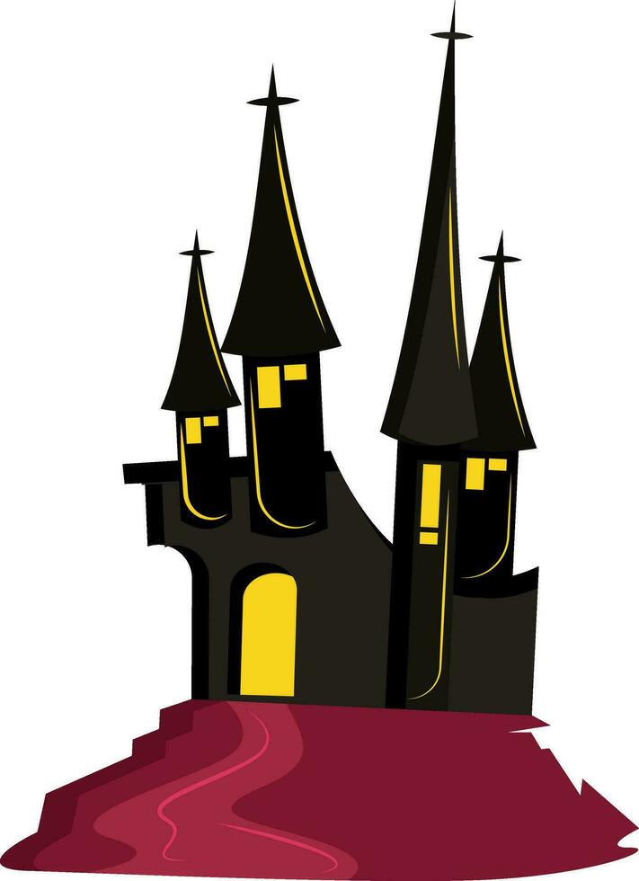 vektor illustration av en svart skrämmande slott på topp av en kulle vit bakgrund.