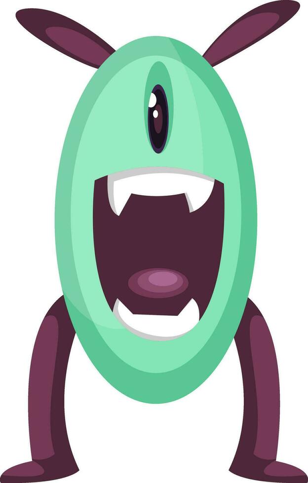 aufgeregt Grün Monster- Charakter mit lila Beine und Ohren Vektor Illustration auf Weiß Hintergrund.