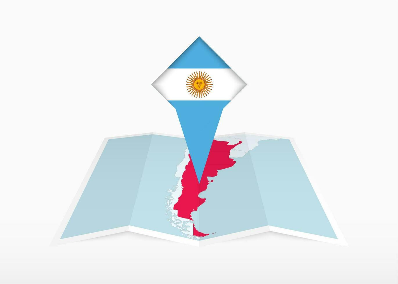 Argentinien ist abgebildet auf ein gefaltet Papier Karte und festgesteckt Ort Marker mit Flagge von Argentinien. vektor