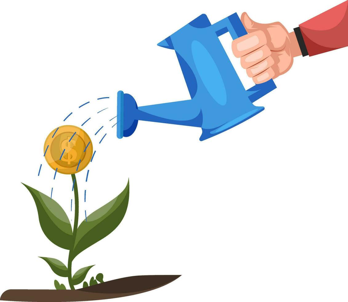 Bewässerung können Bewässerung ein Blume mit ein Münze im Statt von ein Blume auf Weiß Hintergrund Vektor Illustration.