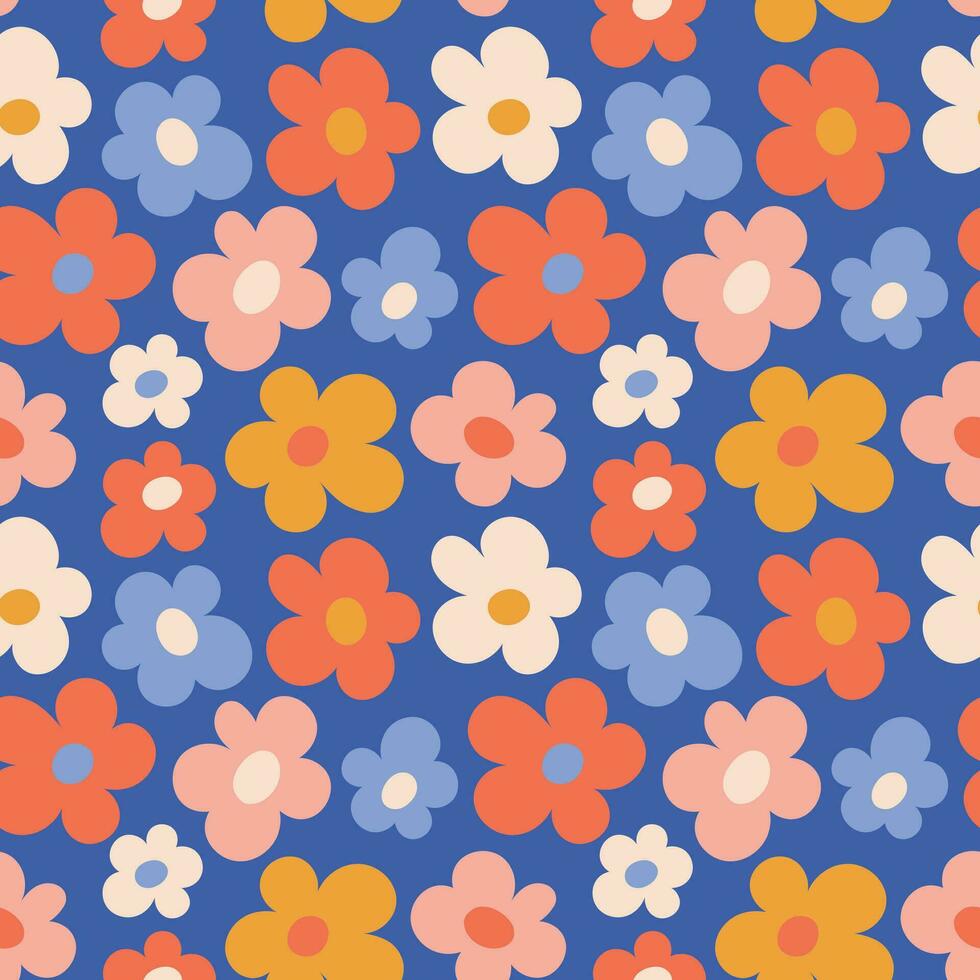 sömlös mönster av enkel flerfärgad blommor på en blå bakgrund vektor