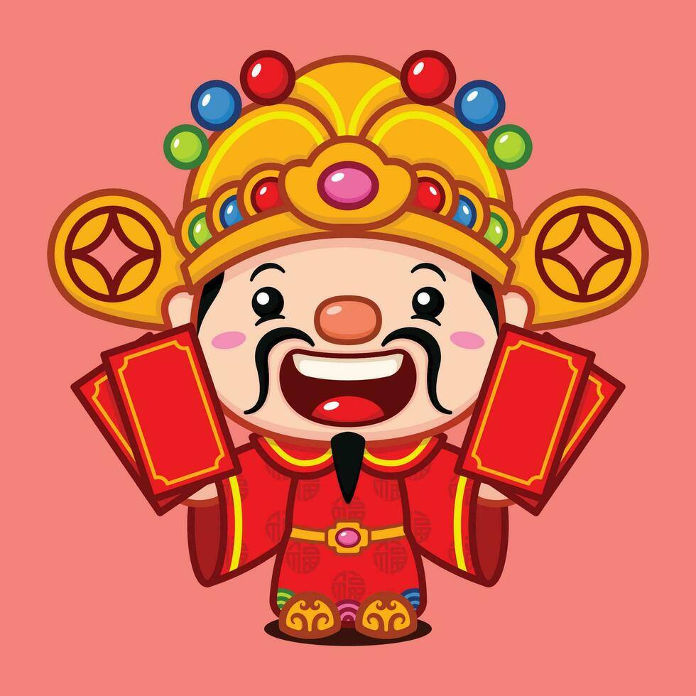 süß Chinesisch Neu Jahr Vermögen Gott halten rot Geld Briefumschlag vektor