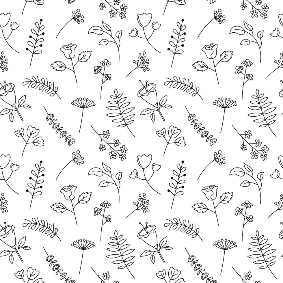 Blumen- Muster Vektor schwarz und Weiß nahtlos Hintergrund. süß Hand gezeichnet Blumen, Blatt Elemente. dekorativ Pflanzen wiederholen Illustration