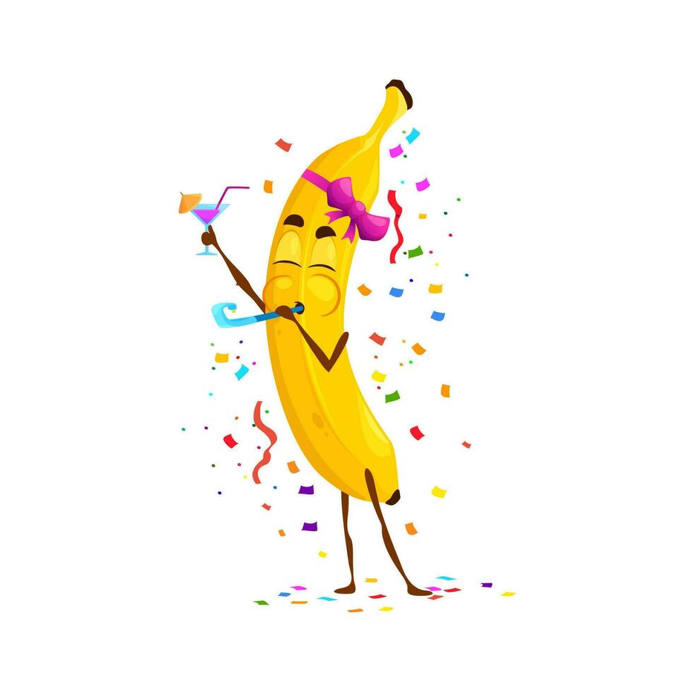 Karikatur Banane Obst Charakter auf Geburtstag Party vektor