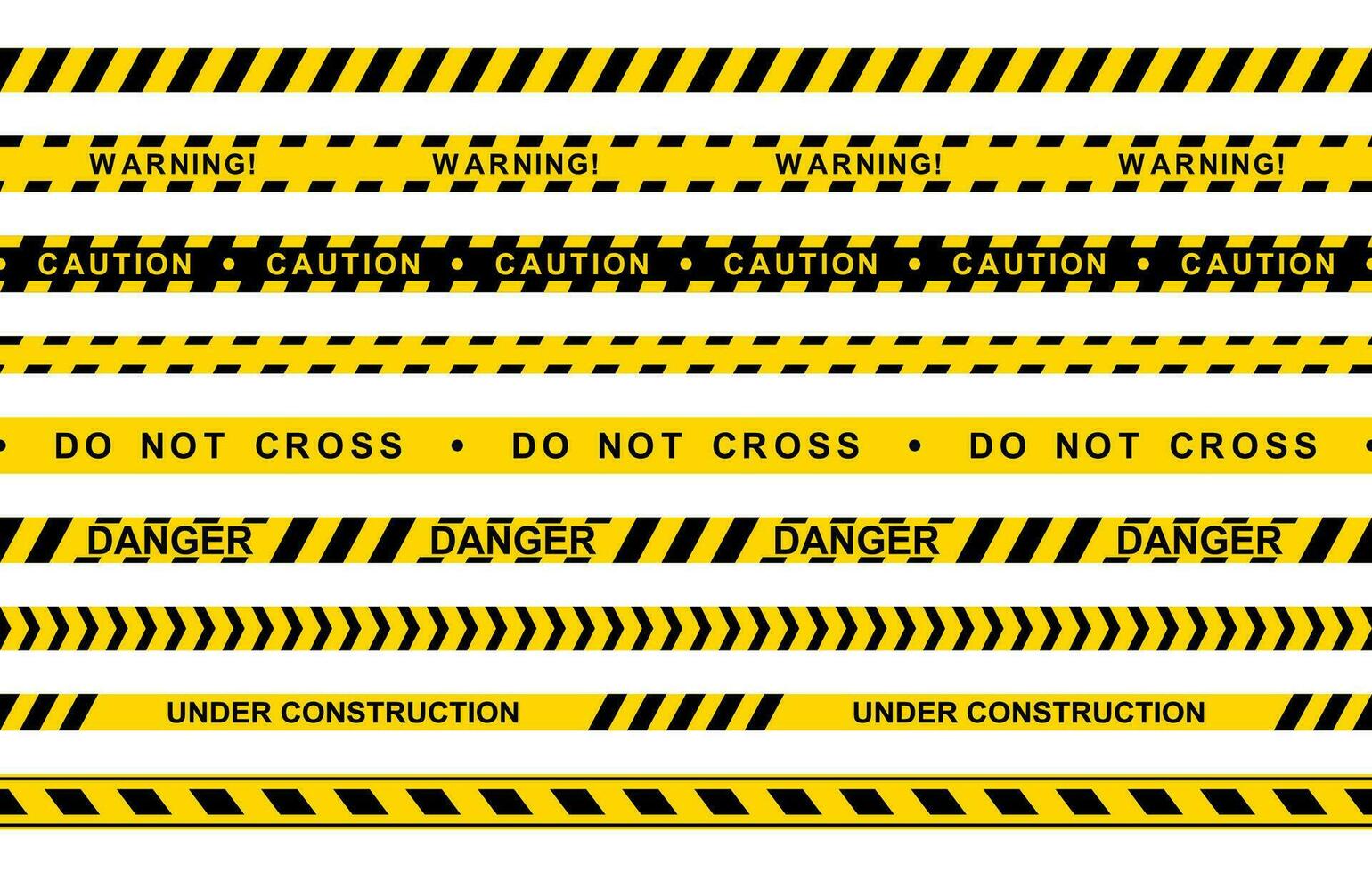 uppsättning av sömlös gul och svart varning band med text do inte korsa, varning, varning isolerat på vit bakgrund. polis isolering linje, tecken av fara. barrikad konstruktion tejp. vektor. vektor