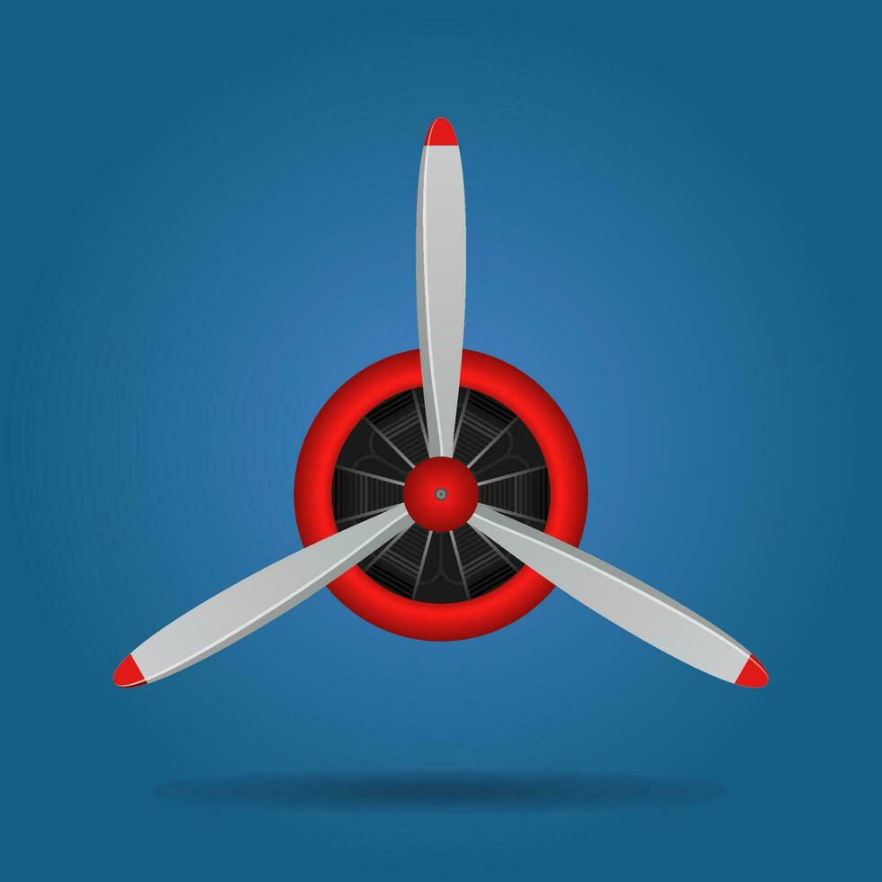 Flugzeug Klinge Propeller isoliert auf Blau Hintergrund. Jahrgang Flugzeug Propeller mit radial Motor. Turbine Symbol, Ventilator Klinge, Wind Ventilator, Ausrüstung Generator. Vektor Illustration.