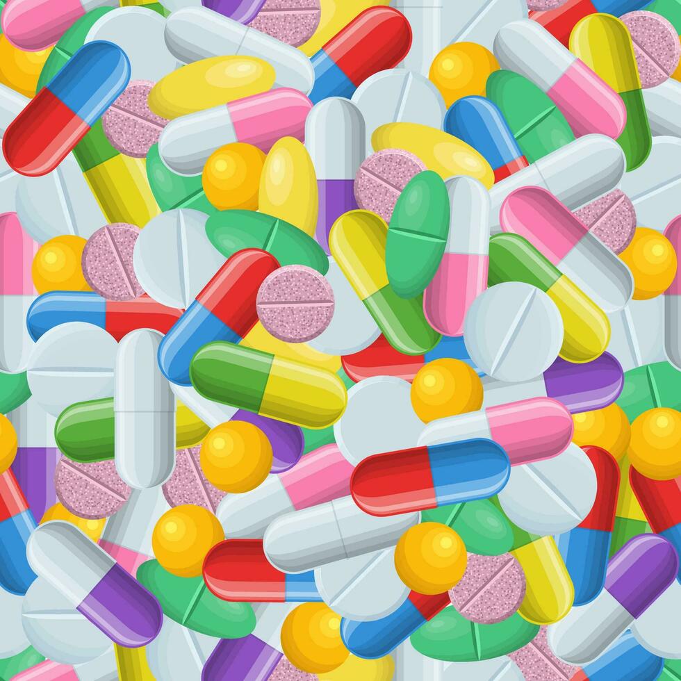 medicinsk sömlös mönster med Färg biljard, tabletter och kapslar. farmakologi med läkemedel. medicin bakgrund illustration av läkemedel läkemedel för design. vektor