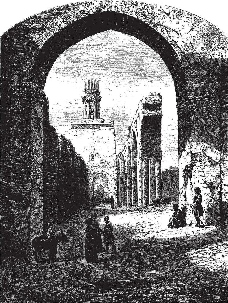 ruiner av de moské av hakim-biamr-allah, Kairo, årgång gravyr. vektor