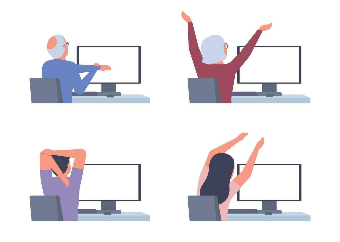 uppsättning av människor sitter på tabell dator stretching, håller på med övning tillbaka se. äldre senior, man, kvinna praktiserande träna på arbetsplats i ha sönder. avlägsnande spänning muskel för resten, avslappning. vektor