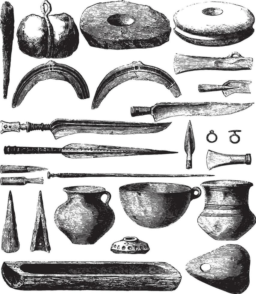 gallisk instrument, objekt upptäckt i de sjöar av schweiz, tallrik iii, årgång gravyr. vektor