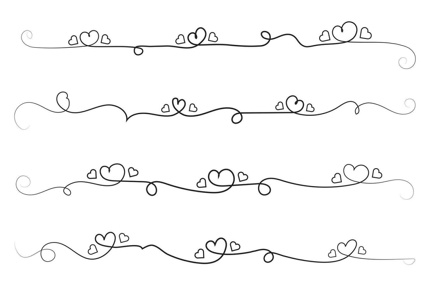 ritad för hand tunn linje hjärta virvla runt utsmyckad, vågig linje dekorativ hjärtan, kalligrafi hjärta virvla runt frodas prydnad, översikt klotter kärlek valentine dag design element, kontinuerlig linje virvla runt hjärtan vektor