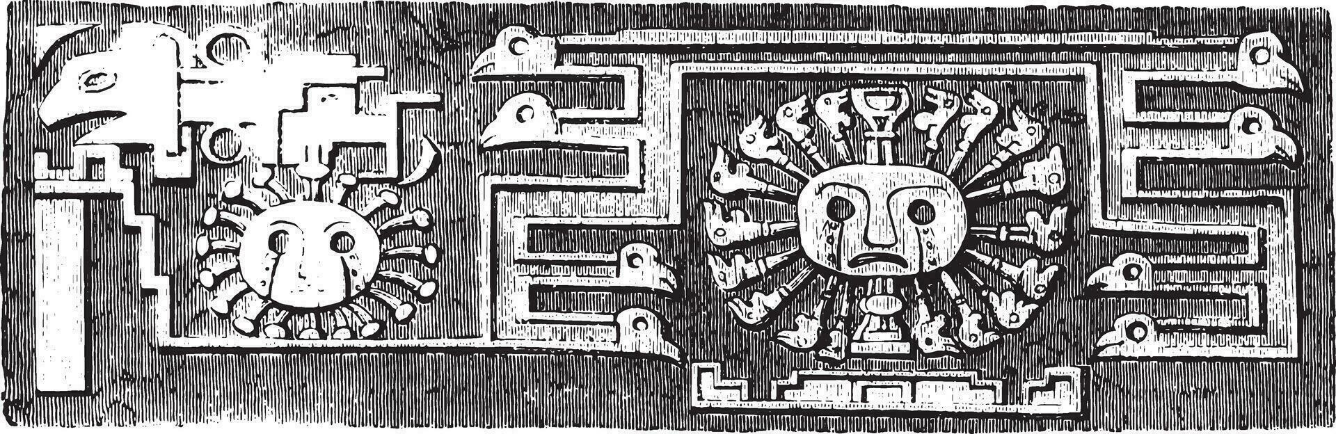 Einzelheiten von das monolithisch Tor von Tiahuanaco, Peru, Jahrgang Gravur. vektor