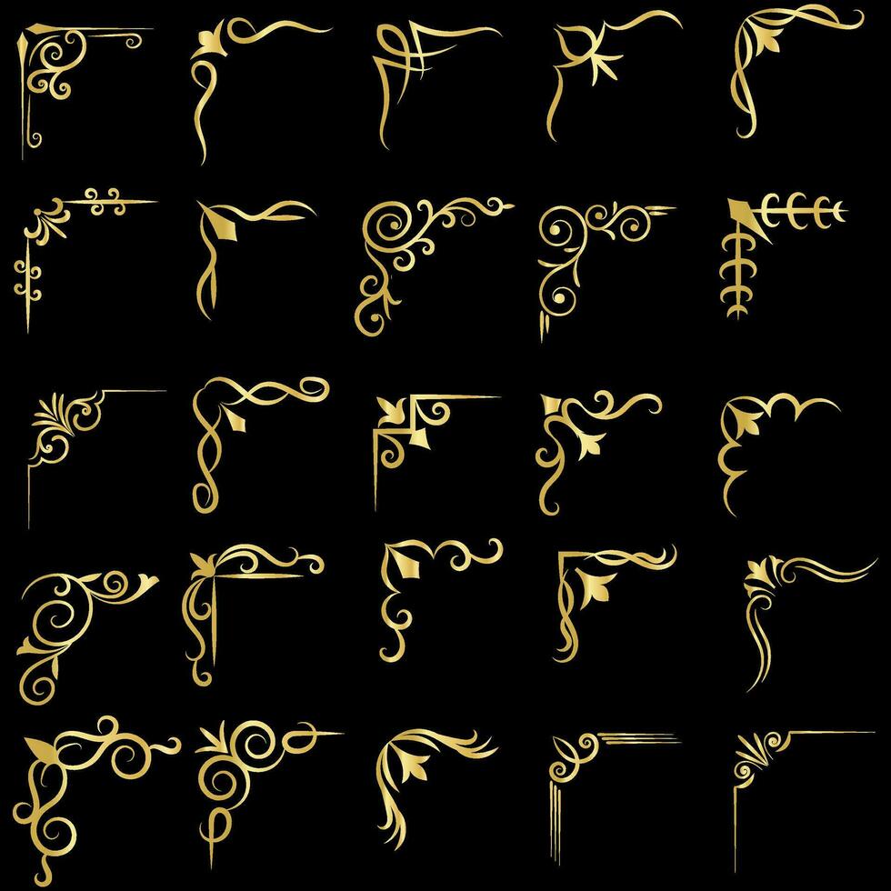 Gold Vektor Illustration von dekorativ Ecke Rahmen Satz. Hand zeichnen von Ecken anders Formen golden Ecke Rahmen Jahrgang Rahmen Dekoration, Gold Blumen- Ornamente.