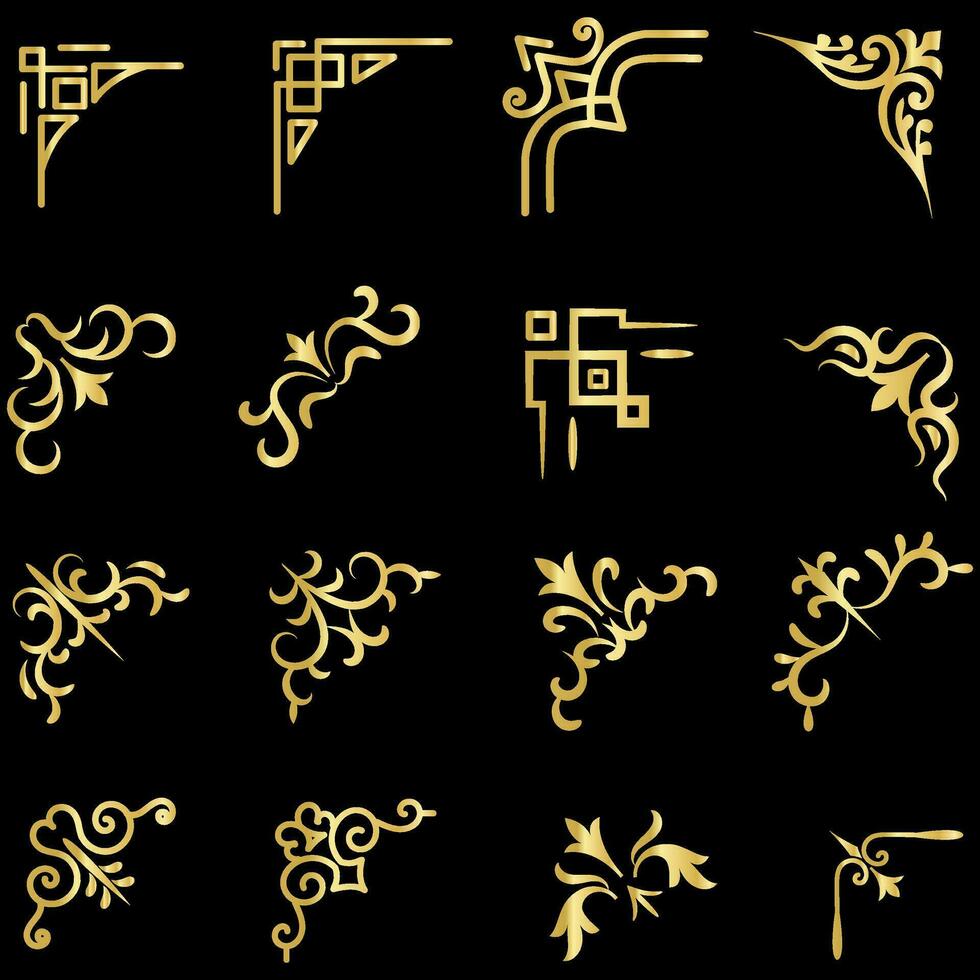 guld vektor illustration av dekorativ hörn ram uppsättning. hand dra av hörn annorlunda former gyllene hörn ram årgång ram dekoration, guld blommig ornament.
