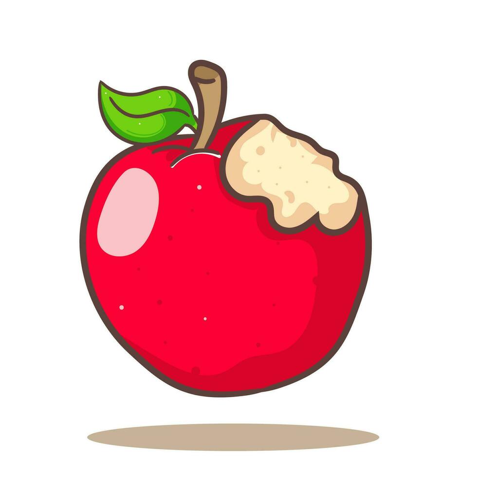 söt röd äpple bita tecknad serie. hand dragen frukt begrepp ikon design. isolerat vit bakgrund. platt vektor illustration.