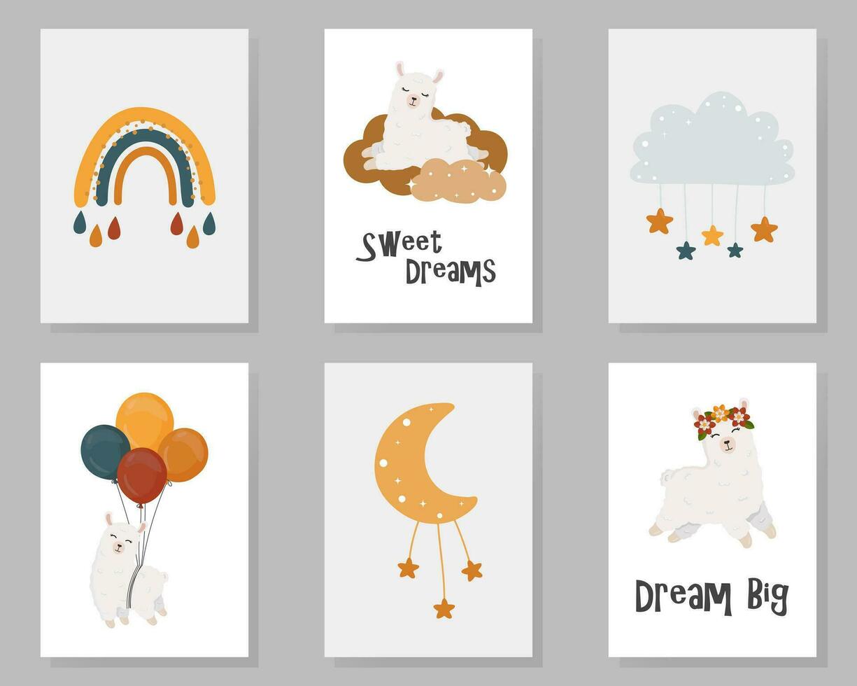 uppsättning av söt bebis kort med lama, moln, stjärna, måne, regnbåge och fraser ljuv drömmar och dröm stor. vektor