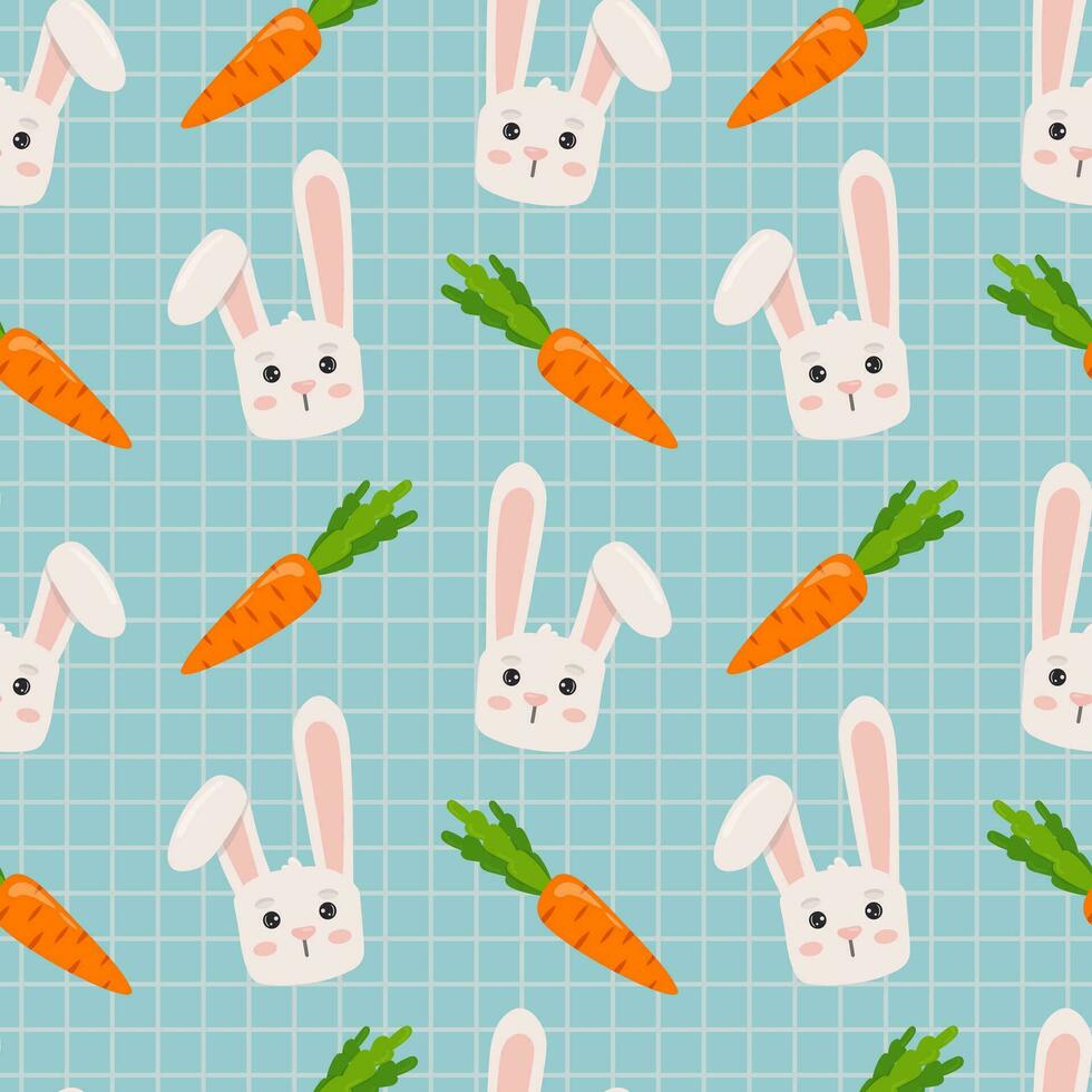 söt mönster med kanin och morot på blå rutig bakgrund. vektor sömlös textur för barn tyg, omslag papper, design