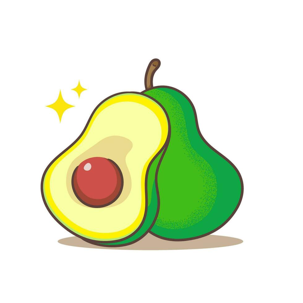 süß ganze und Schnitt Avocado Karikatur. Hand gezeichnet Obst Konzept Symbol Design. isoliert Weiß Hintergrund. eben Vektor Illustration.